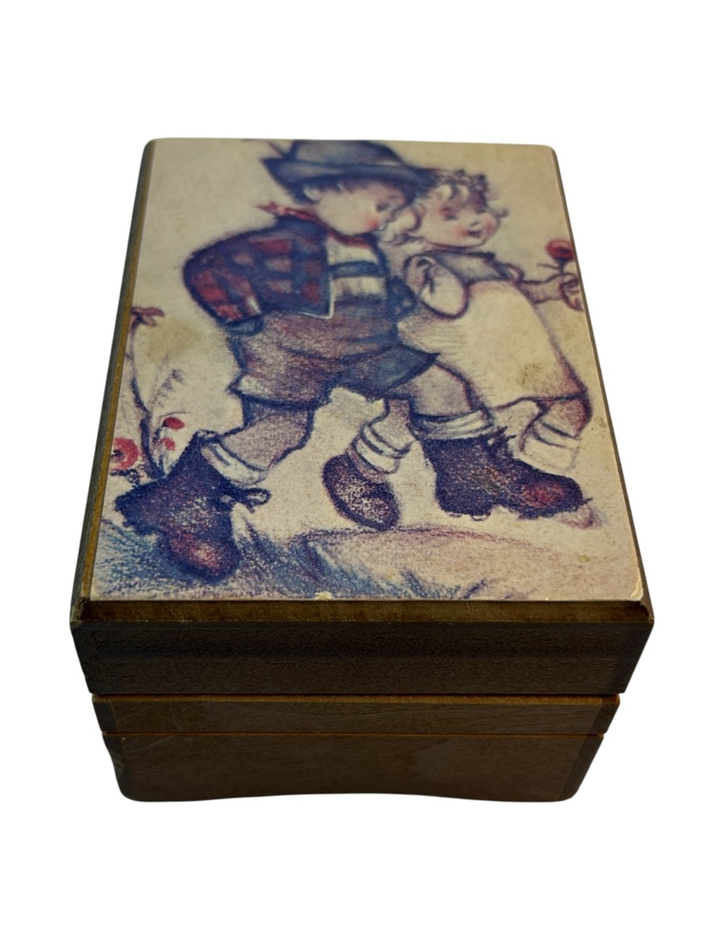 Vintage Illustrated Wooden Trinket Box with Children Artwork - Brown & Cream